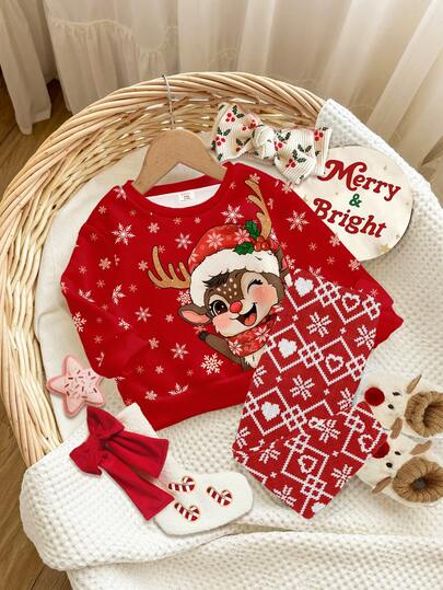 SHEIN Happikins Red Christmas Series, Cute Cartoon Reindeer, Snowflake Print, Retro Fair Isle Pattern, Baby Girl Casual Soft Thick Crew Neck Long Sleeve Sweatshirt And Leggings Set, Suitable For Autumn/Winter Daily Wear