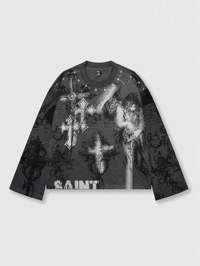 Street Life Men's Streetwear Graphic Cross Print Pullover Pullover Sweatshirt, Suitable For Everyday Wear, Spring/Summer