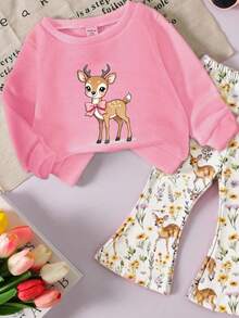 Conjunto informal de niña con sudadera de cuello redondo de punto suave con estampado de ciervos y pantalones acampanados con estampado floral de ciervos, de moda para Navidad, adecuado para otoño/invierno, ligero y cómodo, para volver al colegio, fiestas de vuelta al colegio, adecuado para picnics al aire libre, fotografía callejera, hogar, campus, vacaciones, regalos - Multicolor - Ver 4