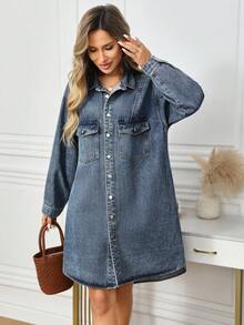 EMERY ROSE 女士长袖单排扣休闲宽松口袋牛仔衬衫裙 - 深色水洗藍 - 查看 8