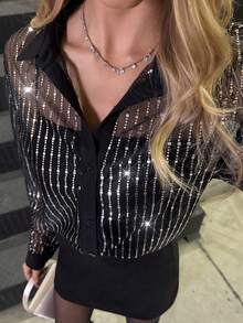Elyressa Women's Fashionable Commuter Sexy Sheer Sequin Mesh Blouse - Black - View 3