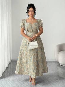 Elenzga 大码女式优雅复古花卉提花方领束腰长裙，适合返校、毕业、情人节、圣诞节、音乐节、母亲节、万圣节、感恩节、复活节、国庆节、舞会、约会派对、婚礼季、户外旅行 - 彩色 - 查看 3