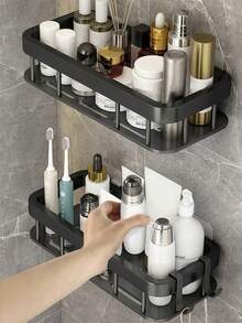 1 pieza Estantería de almacenamiento para baño montada en la pared, sin necesidad de perforar, estantería para ducha, estantería de acero inoxidable con ventosa, organizador de baño, organizador de inodoro - Negro - Ver 7