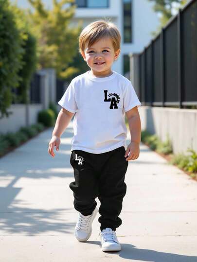 2pcs/Set Young Boy Casual Cartoon Pattern Round Neck Short Sleeve Top And Pants Set, Black And White, Suitable For Summer