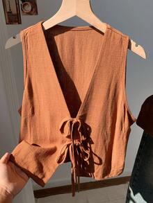 Comfortcana Brown Linen Tie Front Shirt For Women,Brown Top