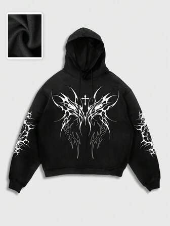 Goth Fashionable Casual Cross Men's Black Hoodie Sweatshirt Without Pockets, Winter