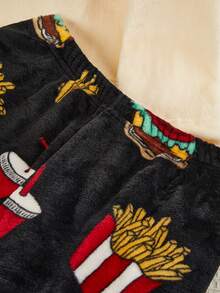 Teenage Boys' Popular French Fries Embroidered Long Sleeve Top Paired With Black Background Hamburger, French Fries, Soda Element Pattern Plush Long Pants Casual Pajama Set, Suitable For Autumn/Winter