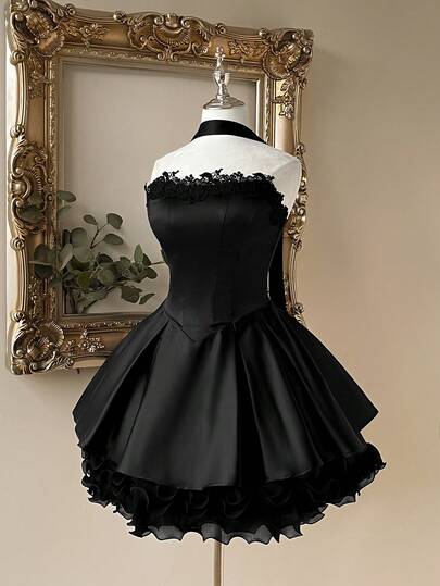 Lovelzi Elegant French Cream Satin Lace Collar Double-Layer A-Line Short Dress, Suitable For Banquet, Business, Guest Attire, Formal Occasions