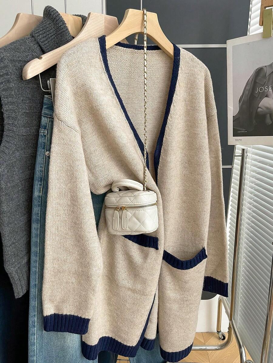 Franclia Khaki Colorblock Knitwear Cardigan For Women Rib-Knit Detail Thigh Length Long Regular Sleeve Casual Style - Khaki - View 1