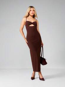 MISSGUIDED 扭结露胸镂空长袖修身晚礼服秋冬派对正式礼服 - 咖啡 - 查看 1