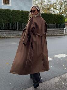 Jeta Ari 女式仿麂皮绒翻领休闲长款常规夹克，秋季 - 咖啡棕 - 查看 2