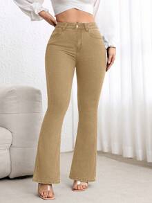 SHEIN CURVE+ Damen Große Größen Blaue Denim Elastische Sexy Anliegende Schlaghose, Cowgirl/Rodeo - Khaki - Übersicht 6