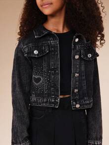 SUMWON Rhinestone Embellished Cropped Denim Jacket With Button Front Closure And Chest Pockets - Black - View 6