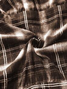 LanaWest 女士秋季多色格子西部波西米亚风衬衫领纽扣设计长袖腰带拼接喇叭休闲度假长裙 - 咖啡 - 查看 3