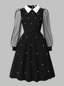 Sparklyn Girls' Pearl Decor Mesh Sleeve Shirt Collar Dress, Suitable For Vacation, Elegant Gala, Back To School Or Halloween - Black - View 4