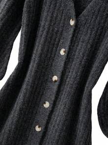 EMERY ROSE 加大码V领灯笼袖纽扣设计针织毛衣连衣裙，舒适优雅