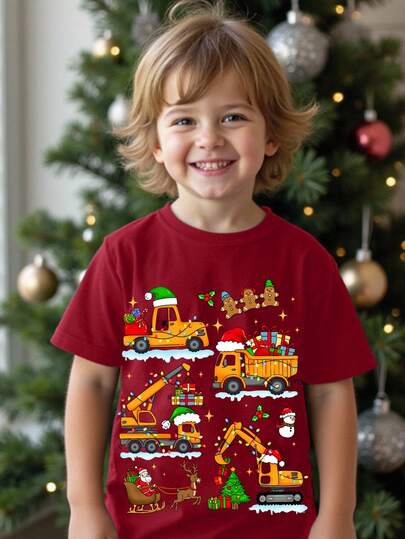 男童休闲经典圣诞保暖舒适T恤，图案包含星星、圣诞树、挖掘机、卡通等圣诞元素，适合夏季穿着