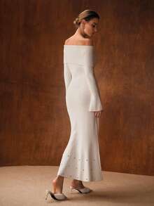 MOTF PREMIUM CHIC OVERSIZED COLLAR OFF-SHOULDER BELL SLEEVE RHINESTONE EMBELLISHED FISHTAIL HEM MAXI SWEATER DRESS, AUTUMN/WINTER - Beige - View 4