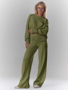 MUSERA Mid Rise Soft Knit Embroidered Wide Leg Sweater Trousers Only Fall Autumn Cosy Cute Casual Coffee Club Winter Elegant Evening Party New Year Spring - Olive Green - View 5