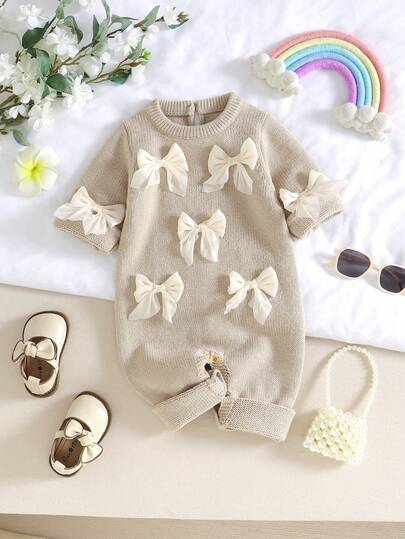 SHEIN Infant & Toddler Sweater Romper, 3D Bow Decor, Round Neck Long Sleeve, Sweet & Fashionable Jumpsuit Baby Set Autumn Winter Season Vintage Winter Baby Clothes Baby Girl Clothes Spring Fall Baby Clothes Neutral Warm Baby Girl Clothes Baby Knitted Outfit Newborn Baby Winter Clothes Baby Christening Outfit Knitted Baby Outfit Baby Sailor Outfit Newborn Christmas Clothes Baby Girl Outfit Baby Romper Newborn Sweater Romper Neutral Baby Clothes Unisex Baby Girl Knitted Outfits Jumpsuit For Baby Girl Elegant Baby Knit Jumpsuit Bow Baby Clothes Beige Baby Girl Clothes