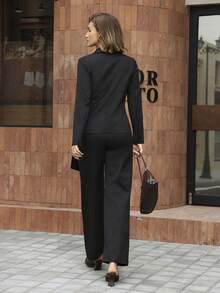 Hansera 2 pièces Ensemble de costume mode femme avec Top à manches longues croisé et épaules dénudées, couleur unie régulière - Noir - Voir 2