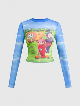 Teletubbies X ROMWE Y2K Cute Cartoon Graphic Mesh Long Sleeve Top For Women