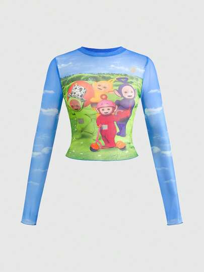 Teletubbies X ROMWE Top de manga larga con gráfico de dibujos animados lindos estilo Y2K para mujeres