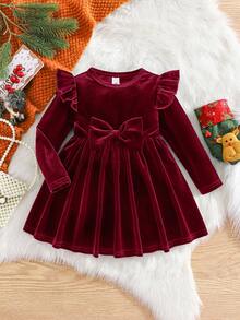 优雅丝绒绿色长袖连衣裙，圣诞派对礼服，圣诞礼物 - 酒紅色 - 查看 2