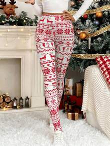 SHEIN LUNE 女士撞色驯鹿印花圣诞风休闲修身打底裤 - 紅白色 - 查看 4