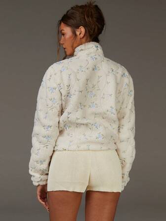 Athîral Women's Floral Embroidered Long Sleeve Zip-Up Lapel Faux Fur Jacket, Regular Fit, Autumn/Winter