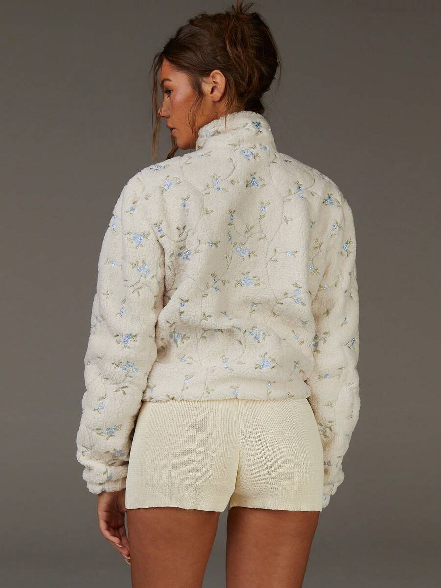 Athîral 女士花卉刺绣长袖拉链翻领仿皮草外套，常规版型，秋冬款 - 白色 - 查看 1