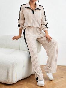 Chiquease Bộ 2 món áo nỉ và quần dài tay trễ vai màu tương phản dành cho nữ - Màu be - Xem 3