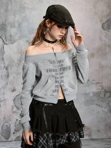 ROMWE Avant Letter Print Off Shoulder Cropped Loose Knit Sweatshirt - Light Grey - View 1