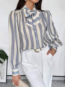 Firerie Women's Loose Front Button Tie Collar Long Sleeve Casual Shirt - Blue and White - View 5