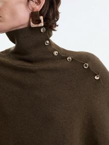 SHEIN Stylify 女士高领不对称斜扣斗篷毛衣，时尚优雅，秋冬款 - 軍綠色 - 查看 6