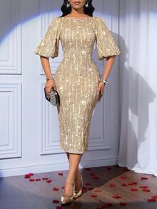 SHEIN Lady 女士纯色亮片船领灯笼袖修身中长连衣裙 - 金色 - 查看 6