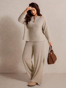 Elaquor 3pcs Plus Size Solid Color Sleeveless Top And Long Pants Set - Khaki - View 6