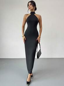 Firerie Women's Elegant, Exquisite, Romantic Date, Party, Ball, New Year, Holiday, Wedding Guest, Valentine's Day Spring Halter Backless Bowknot Bodycon Black & White Maxi Dress, Autumn/Winter Dress With Bow In The Back Open Back Dress - Black and White - View 6