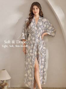 Ocili 休闲舒适简约链条印花棉混纺中袖系带睡袍，女士睡袍，时尚秋冬款 - 卡其色 - 查看 1