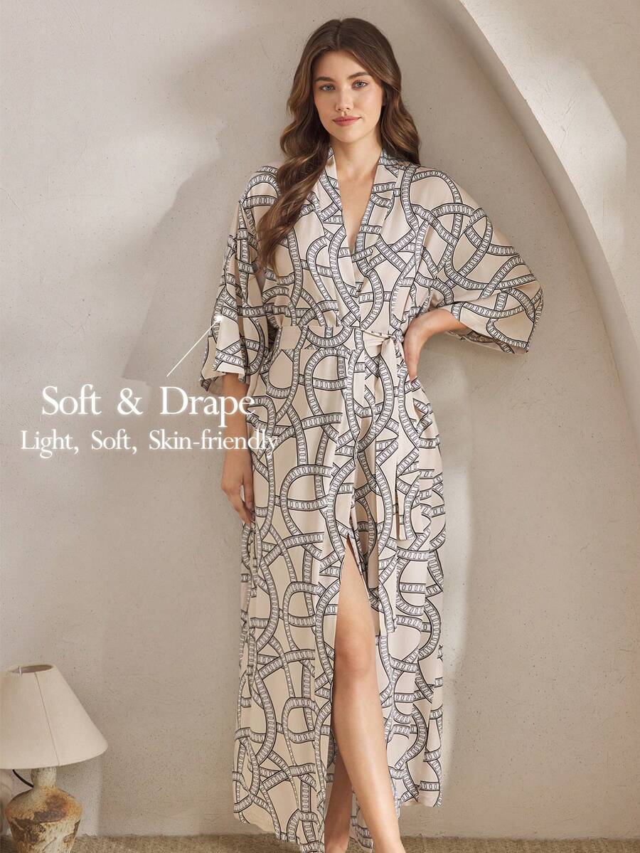 Ocili 休闲舒适简约链条印花棉混纺中袖系带睡袍，女士睡袍，时尚秋冬款 - 卡其色 - 查看 1