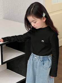 DAZY 女童圆领蝴蝶结印花保暖长袖T恤，秋季款 - 黑色 - 查看 6