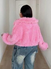 Maweii 大码女式纯色长袖拉链宽松仿毛皮外套 - 粉色 - 查看 5