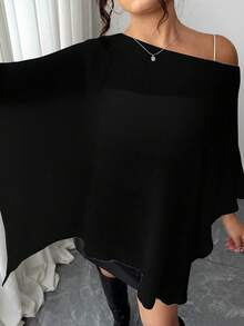 Elenzga Plus Size Women Casual Chic Daily Commute Simple Solid Asymmetrical Collar Batwing Sleeve Loose Knit Sweater, Autumn/Winter 3 Day Delivery Black Goth - Black - View 4