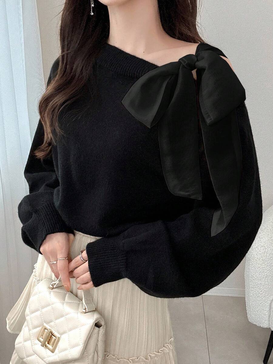 FRIFUL 女士撞色落肩长袖蝴蝶结肩部宽松休闲百搭毛衣，秋季 - 黑色 - 查看 1