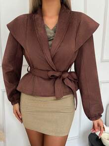 DAZY Women's Turndown Collar Brown Waist Cinched Short Casual Regular Jacket Women Coats - Brown - View 3