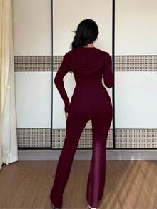 Rafferiza 2 件套女式休闲连帽运动衫，带口袋和罗纹喇叭裤套装，适合日常穿着，秋冬 - 中紫紅色 - 查看 4