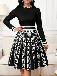 SHEIN Lady 女士几何印花圆领长袖优雅中长连衣裙 - 黑與白 - 查看 5