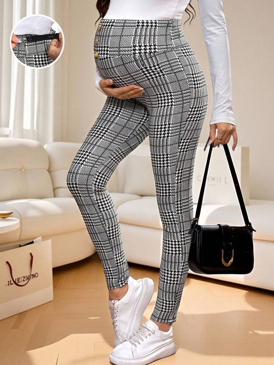 SHEIN Adjustable Waist Maternity Skinny Pants With Button Design, Houndstooth Pattern 2 Piece Maternity Set Maternity Leggings 2 Piece Sets Woman Pregnancy Maternity Clothes Nanny Pregnancy Pants - Black and White - View 1