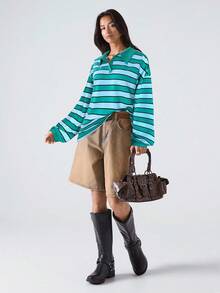 LYSMO Áo thun polo tay dài cổ bẻ kẻ sọc vai trễ dành cho nữ - Màu xanh lam - Xem 6