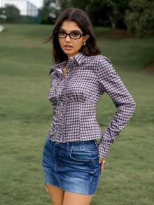 Chiquease Chemise décontractée à manches longues, taille unique, à boutonnage simple avec volants à carreaux pour femmes - Multicolore - Voir 5